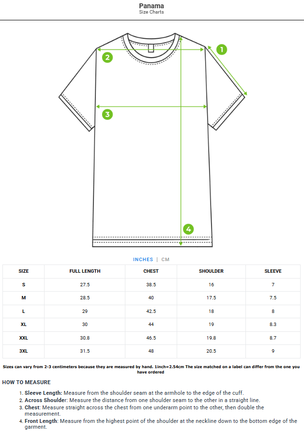 Size chart - product:panama