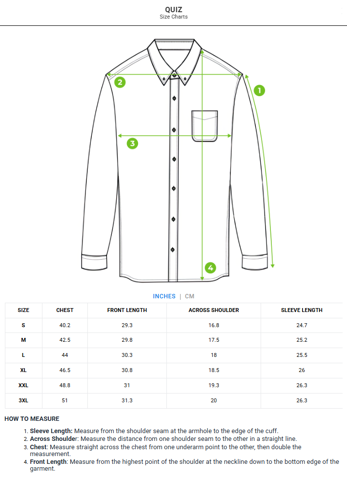 Size chart - product:quiz