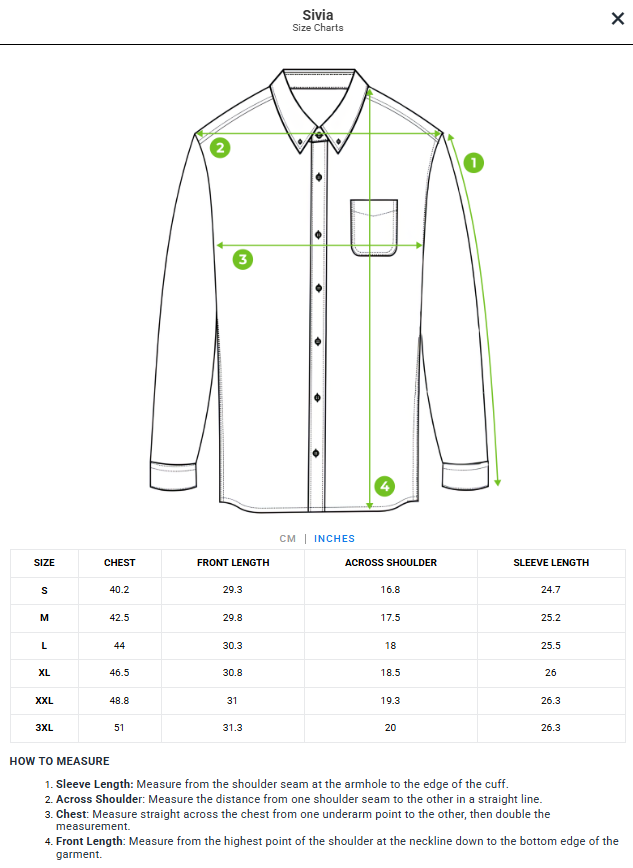 Size chart - product:sivia