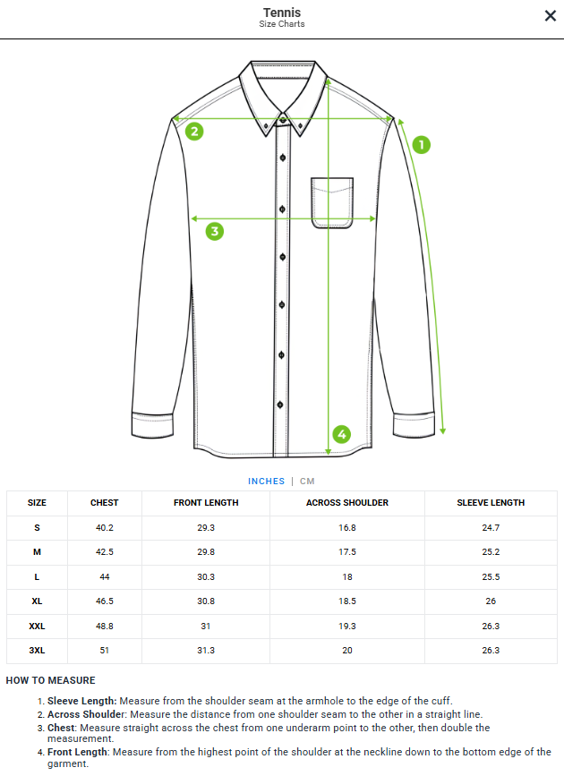 Size chart - product:tennis