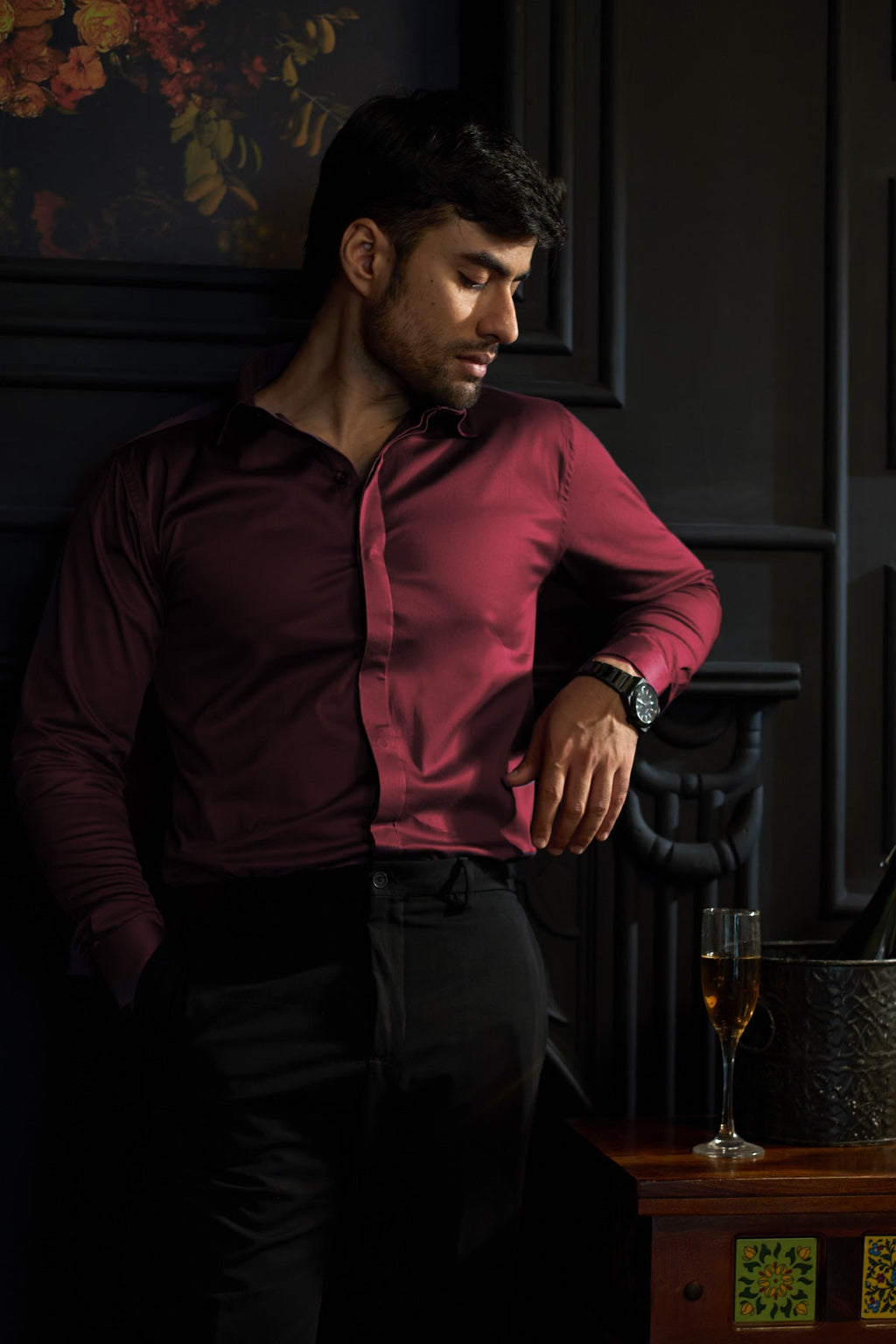Wine 2 way stretchable Elite Shirt - Regular fit